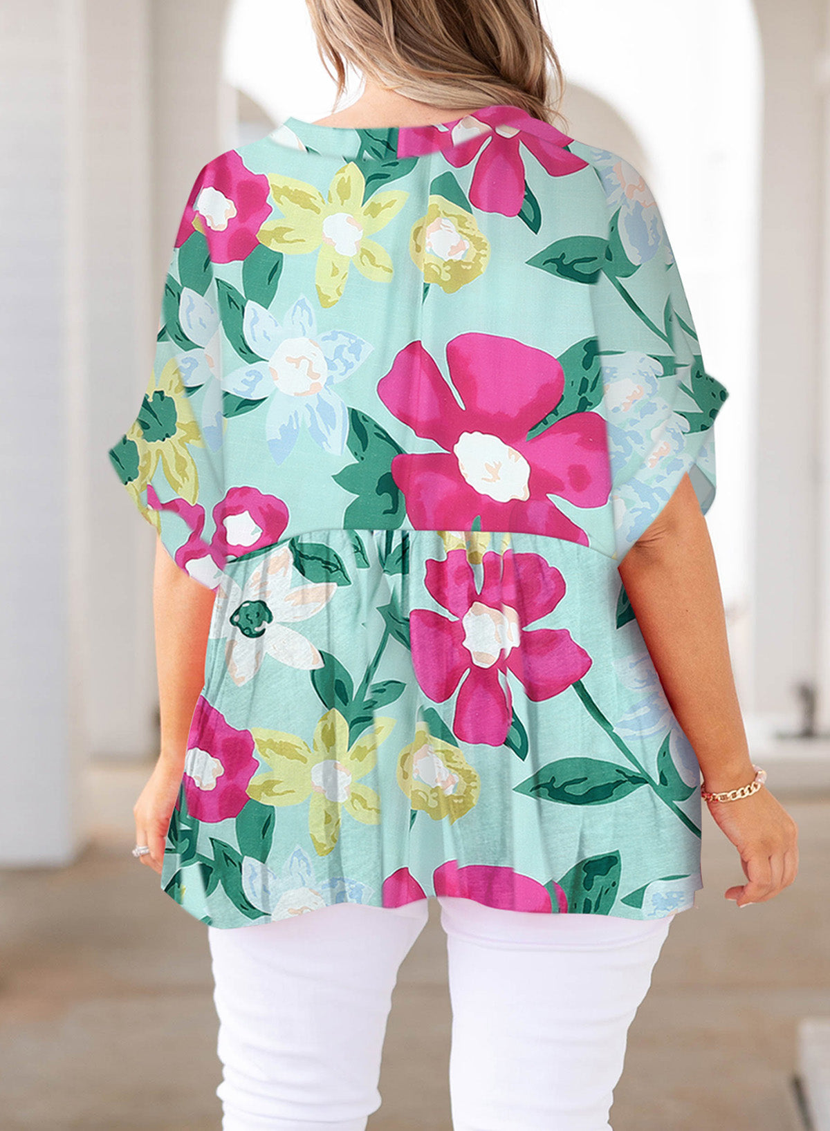 *APP EXCLUSIVE* Printed Notched Neck Half Sleeve Top