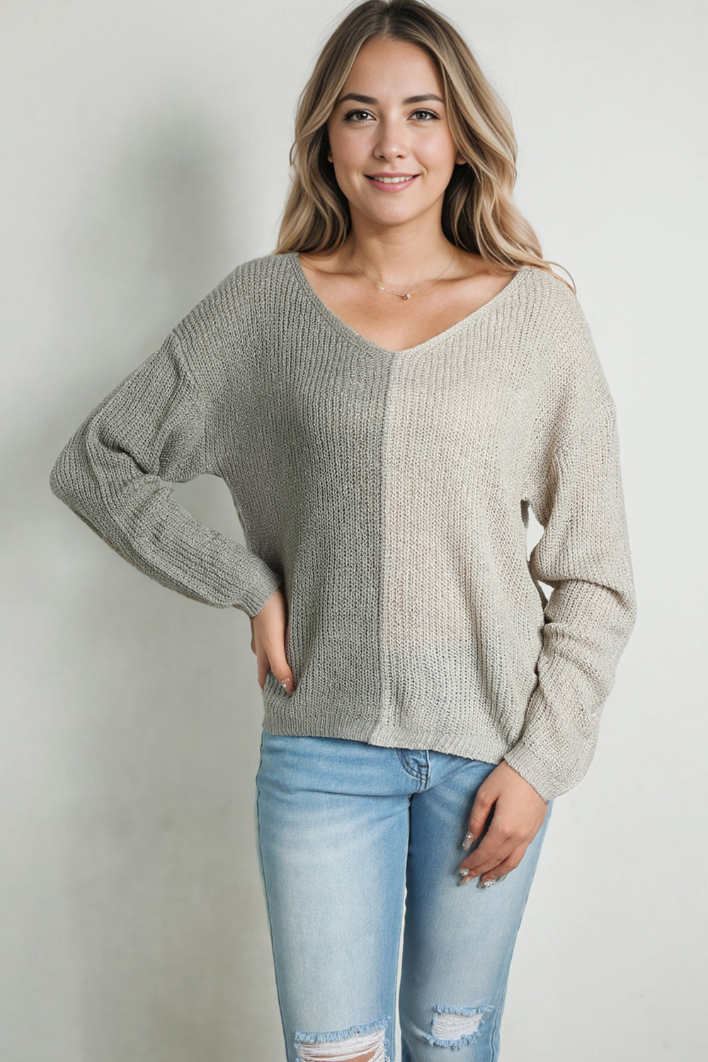Pink Colorblock Vneck Long Sleeve Pullover Sweater