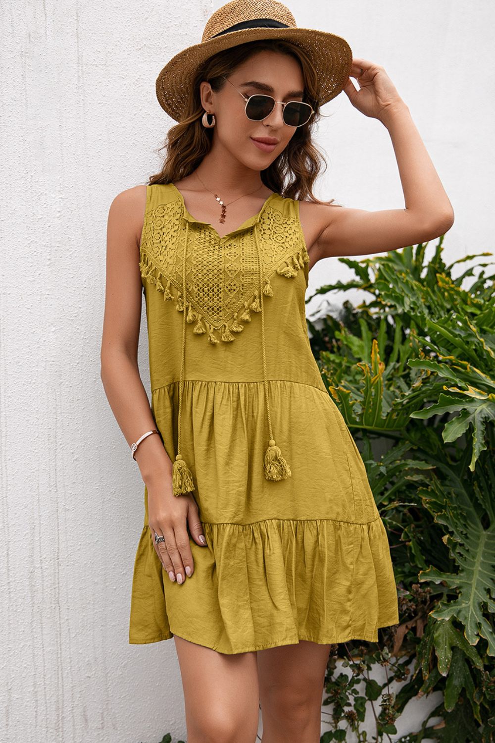 *APP EXCLUSIVE* Tassel Tie Lace Trim Sleeveless Dress