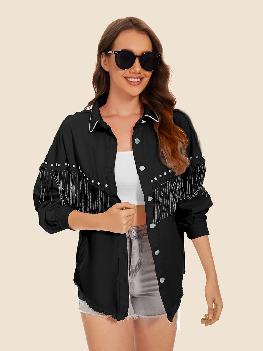 *APP EXCLUSIVE* Raw Hem Fringe Detail Denim Jacket