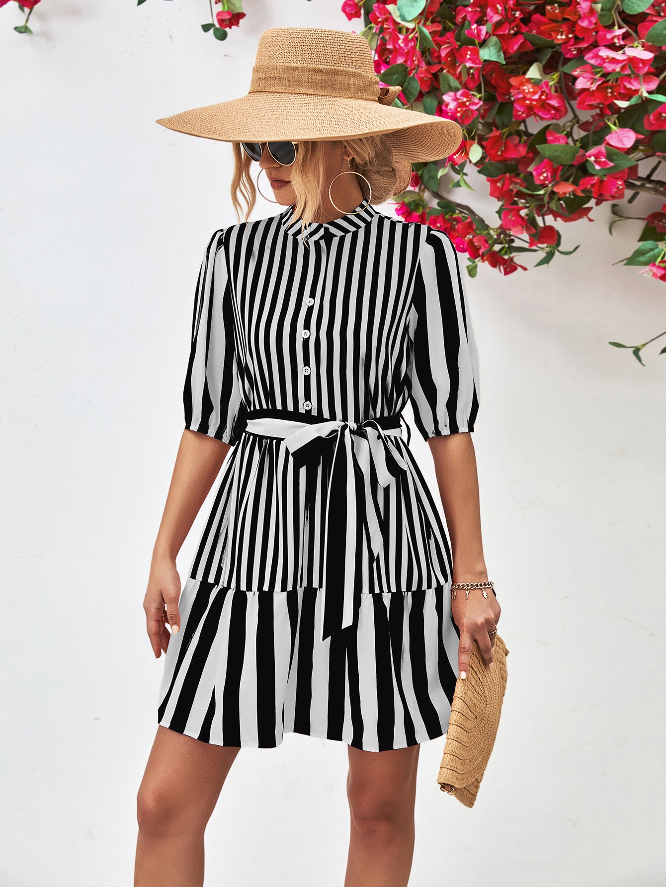 *APP EXCLUSIVE* Striped Half Sleeve Tie Waist Mini Dress