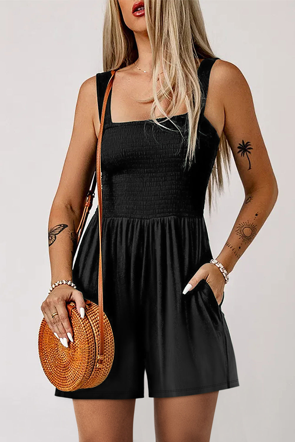 *APP EXCLUSIVE* Square Neck Smocked Romper with Pocket