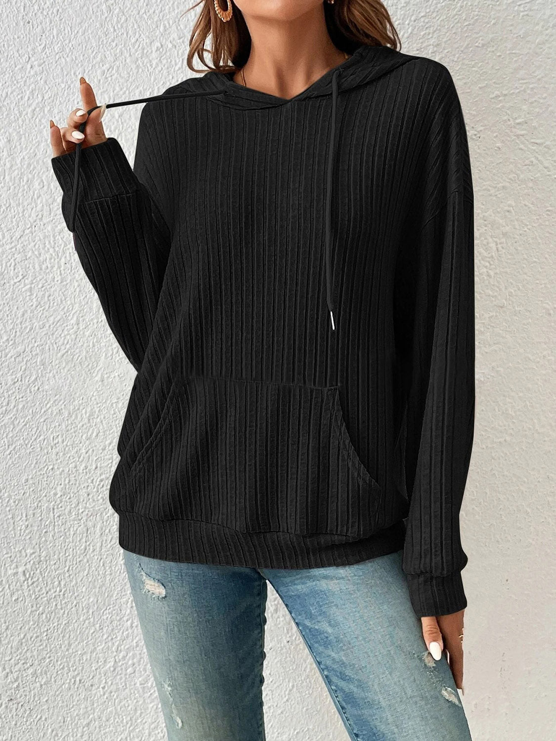*APP EXCLUSIVE* Ribbed Dropped Shoulder Drawstring Hoodie