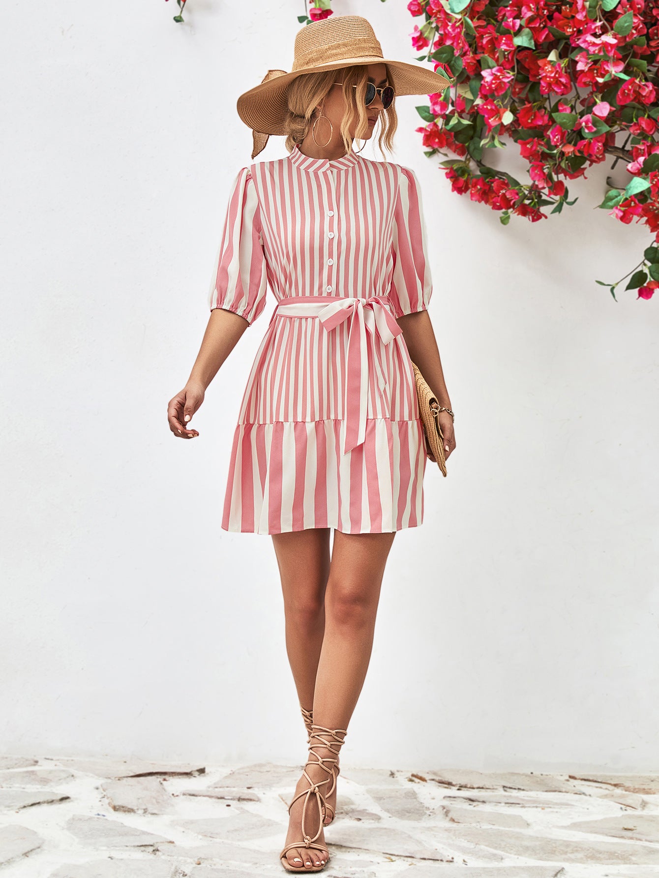 *APP EXCLUSIVE* Striped Half Sleeve Tie Waist Mini Dress