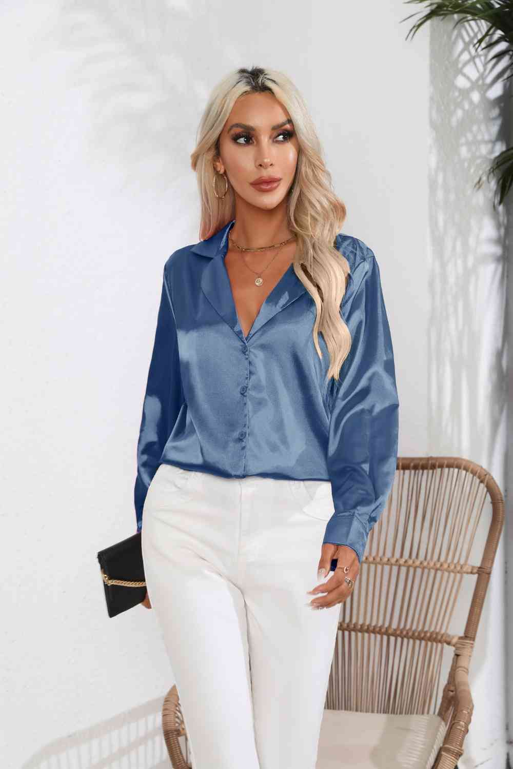 *APP EXCLUSIVE*  Satin Button Up Long Sleeve Shirt