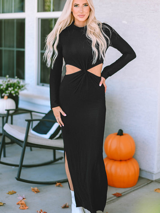 * APP EXCLUSIVE* Cutout Round Neck Long Sleeve Slit Maxi Dress