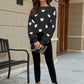 Heart Pattern Lantern Sleeve Round Neck Tunic Sweater