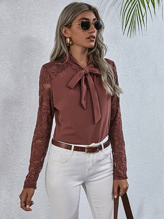 *APP EXCLUSIVE* Tie Neck Spliced Lace Long Sleeve Top