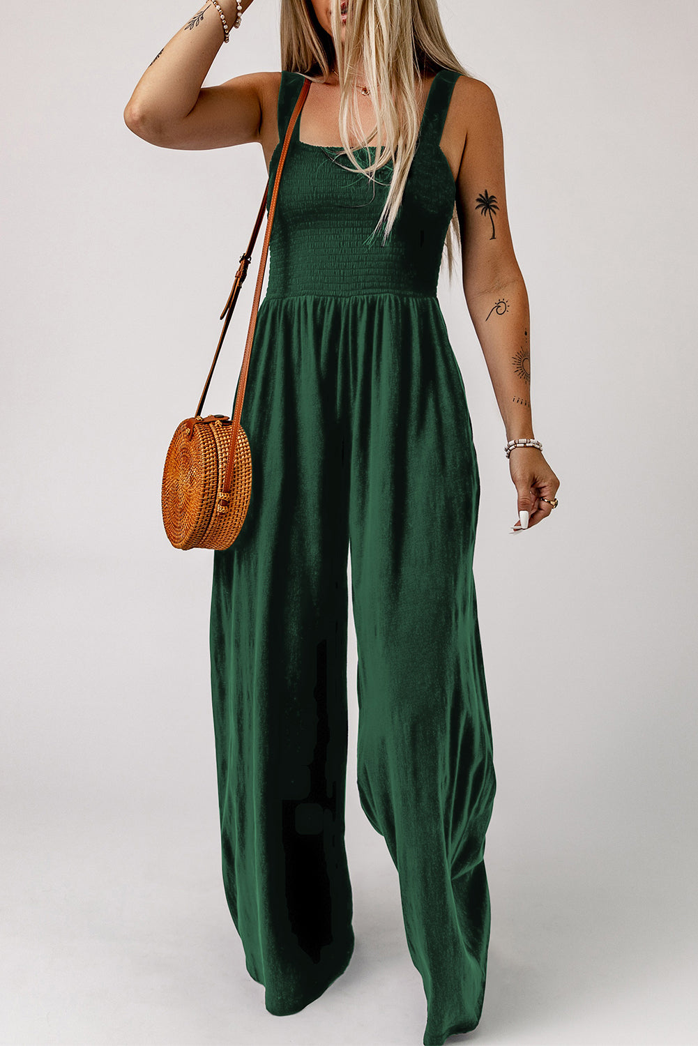 *APP EXCLUSIVE* Smocked Square Neck Wide Leg Jumpsuit with Pockets