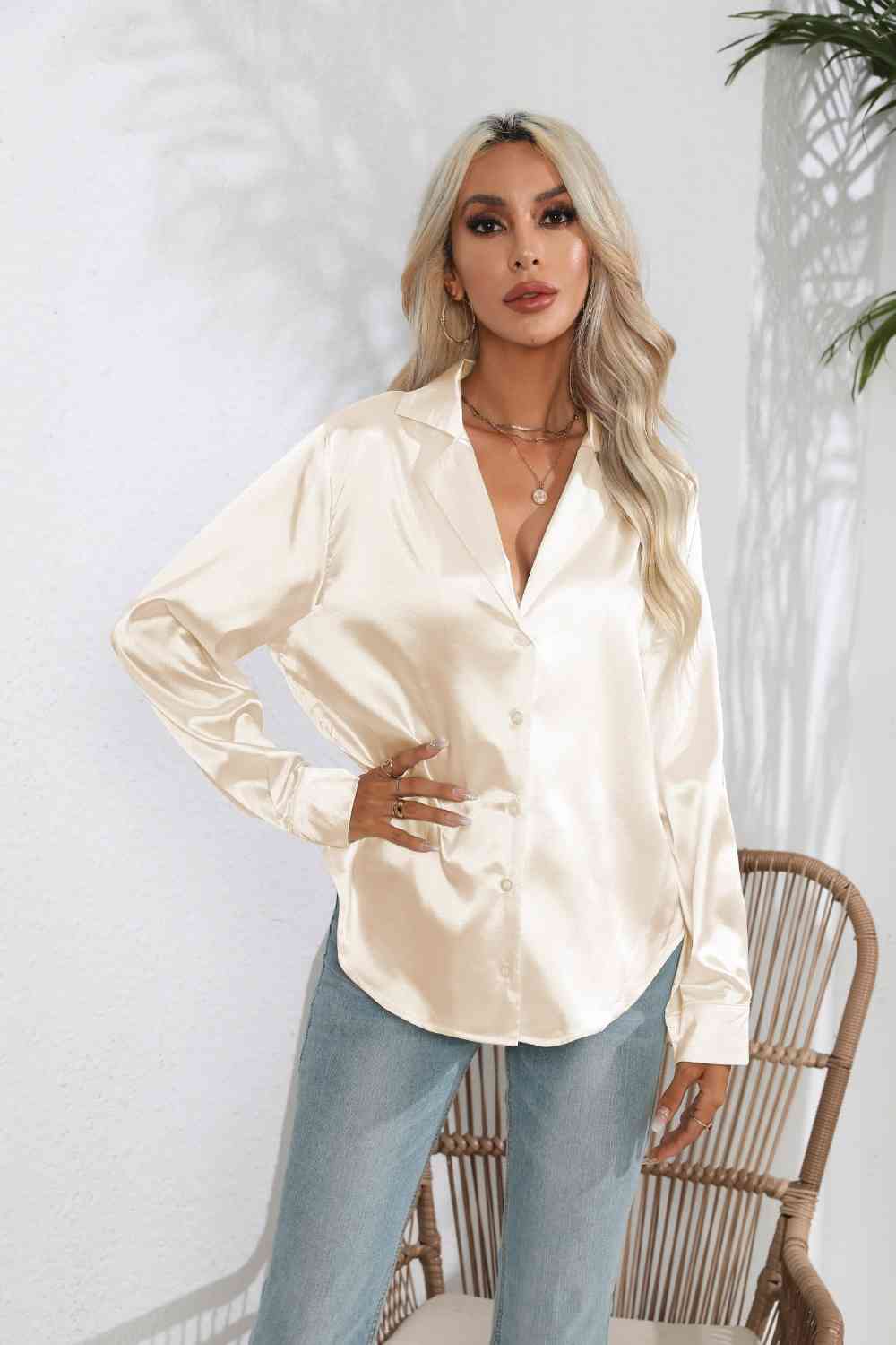 *APP EXCLUSIVE*  Satin Button Up Long Sleeve Shirt