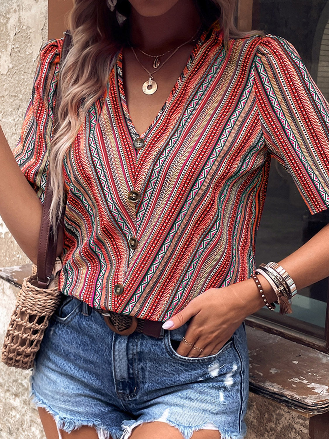 *APP EXCLUSIVE* Aztec Vneck Button-Up Short Sleeve Top