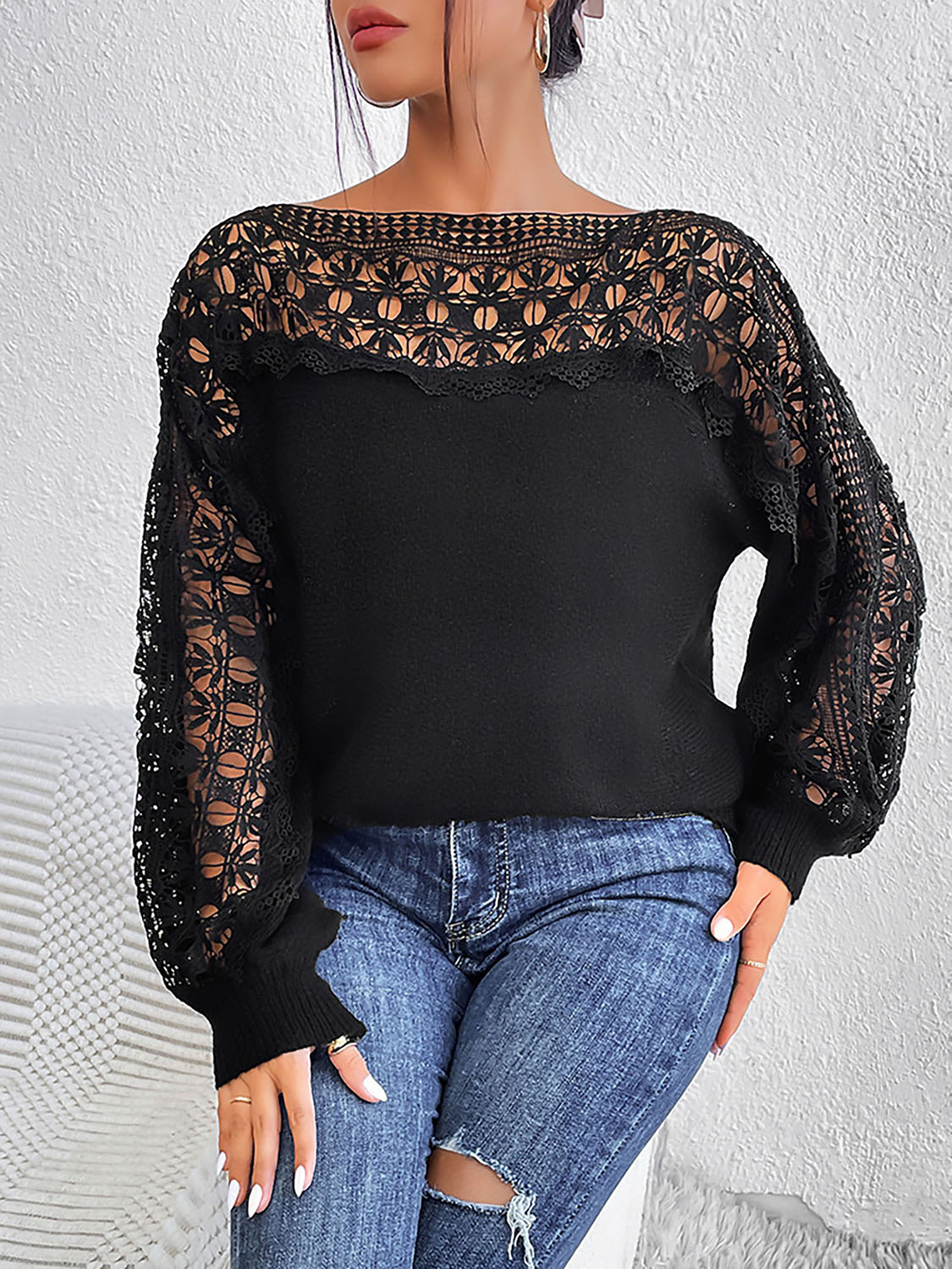 *APP EXCLUSIVE* Lace Trim Boat Neck Knit Top