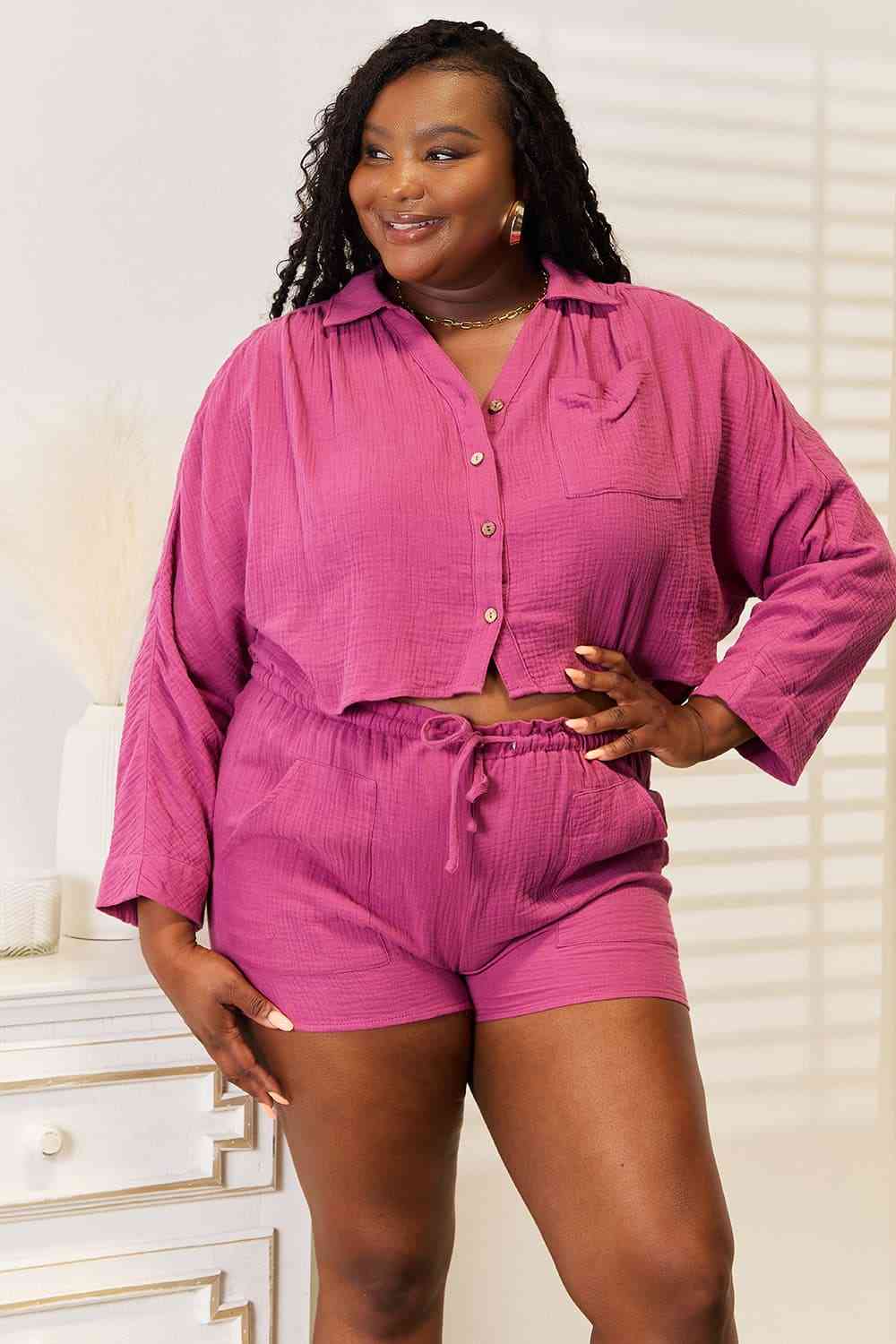 *APP EXCLUSIVE* Buttoned Long Sleeve Top and Shorts Set