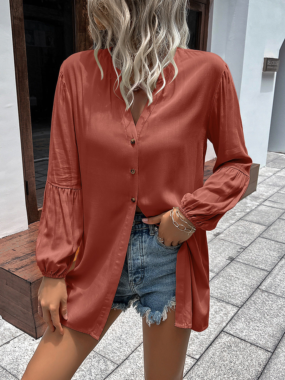 *APP EXCLUSIVE* Notched Neck Balloon Sleeve Shirt