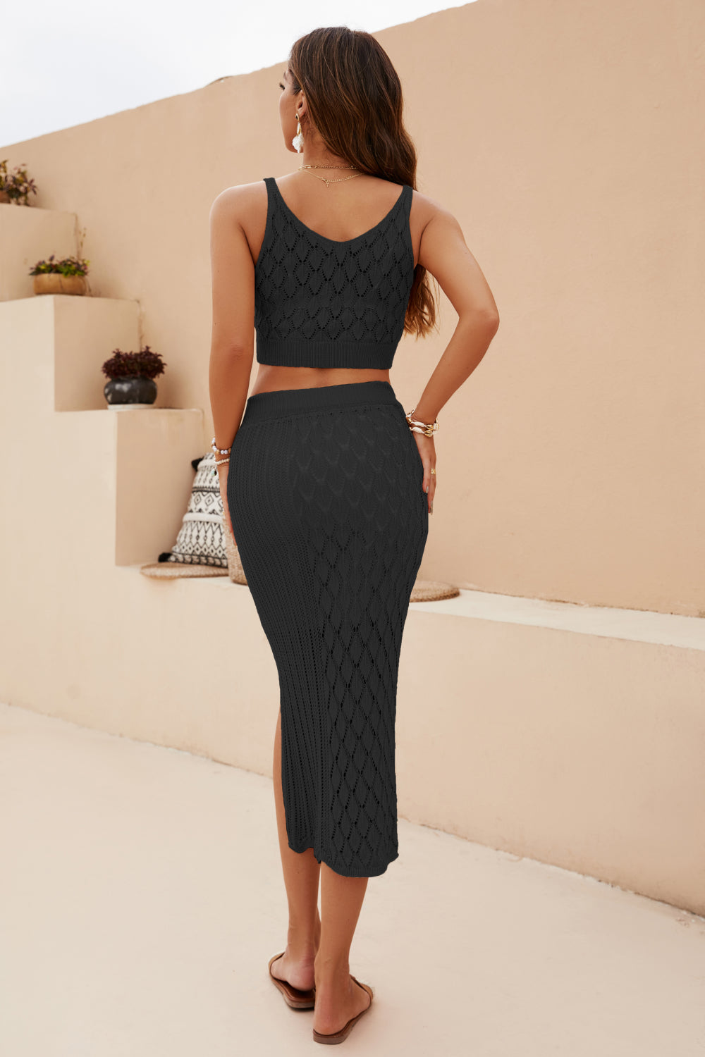 *APP EXCLUSIVE* Openwork Cropped Tank and Slit Skirt Set