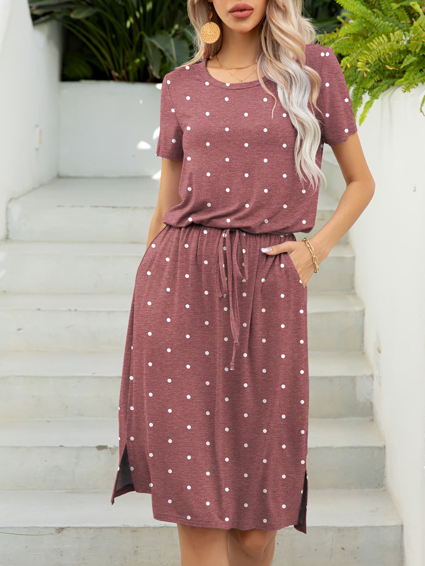 *APP EXCLUSIVE* Round Neck Short Sleeve Slit Dress with Pockets