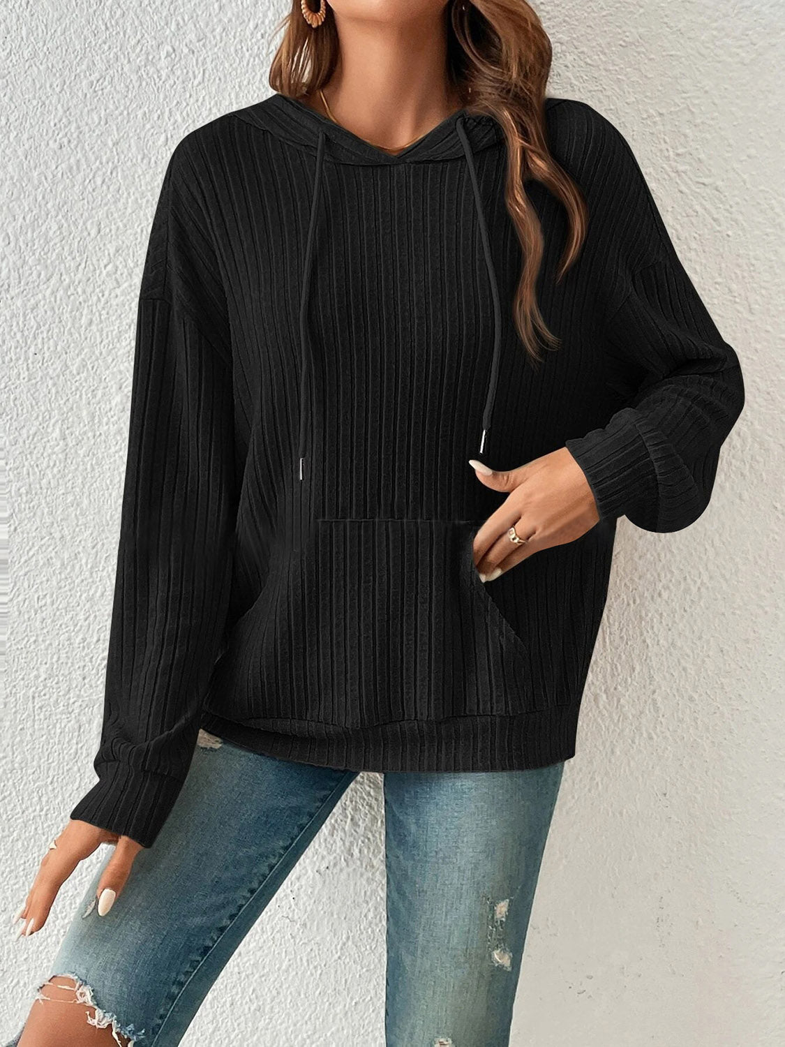 *APP EXCLUSIVE* Ribbed Dropped Shoulder Drawstring Hoodie