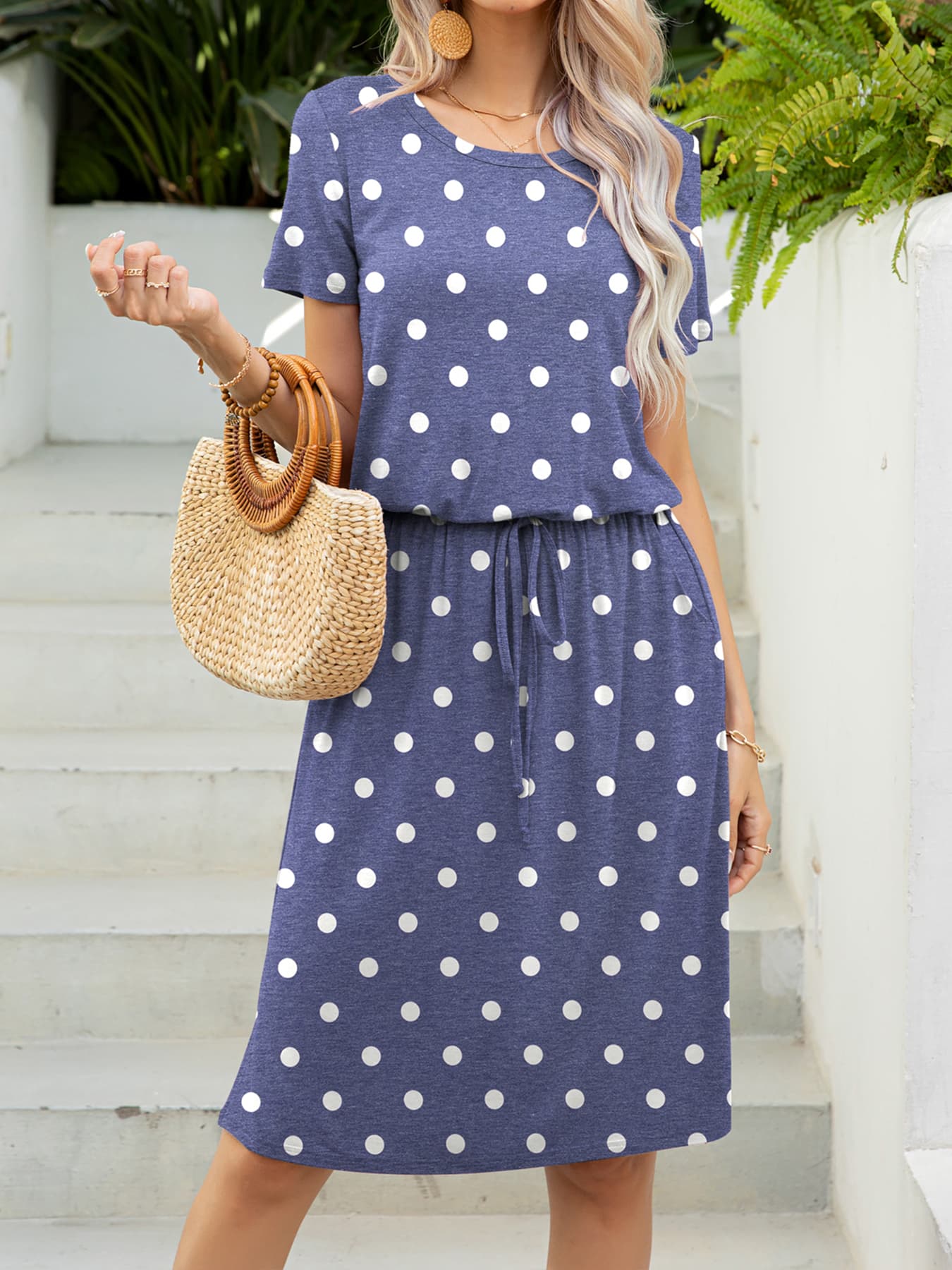 *APP EXCLUSIVE* Round Neck Short Sleeve Slit Dress with Pockets