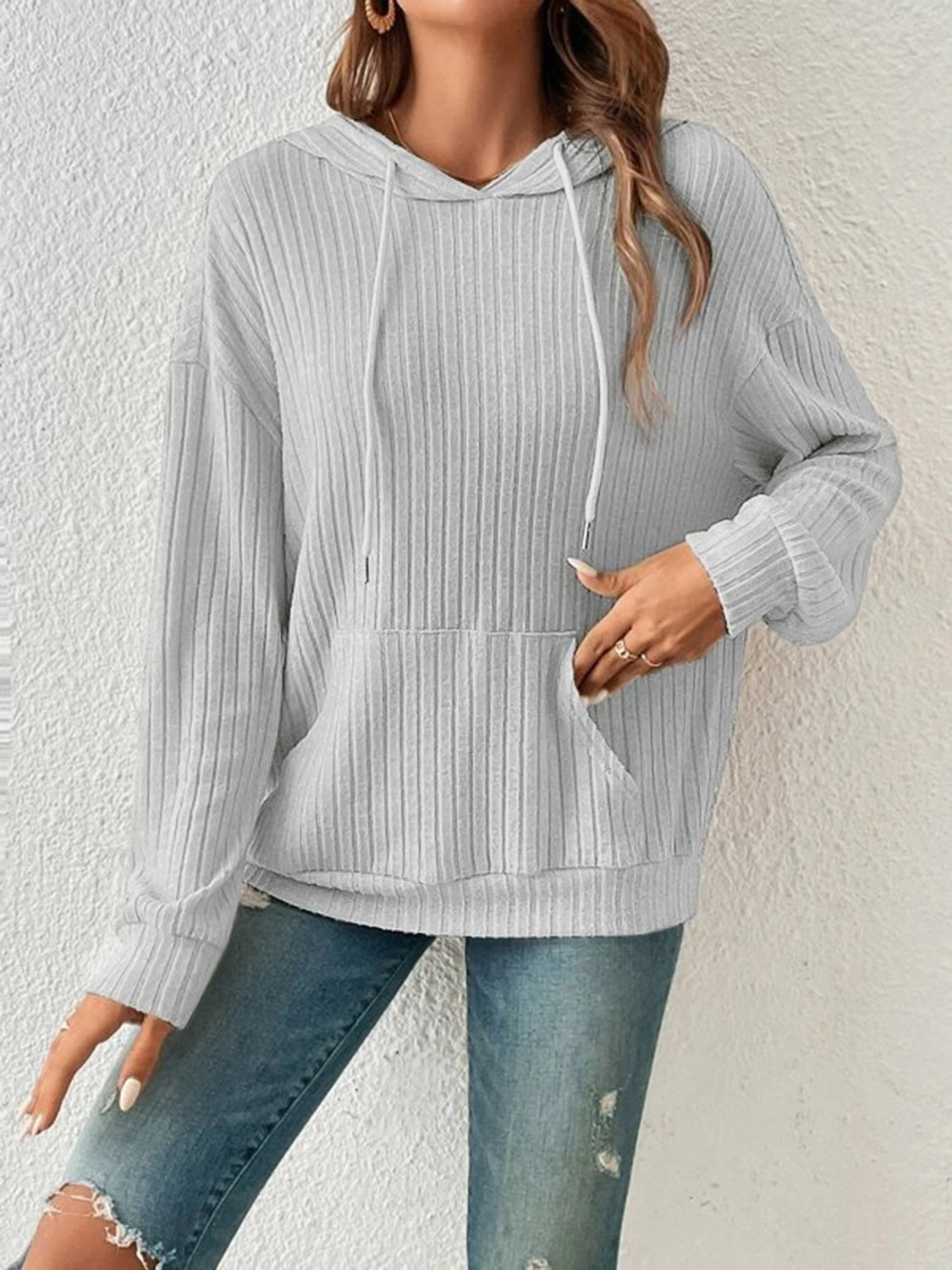 *APP EXCLUSIVE* Ribbed Dropped Shoulder Drawstring Hoodie