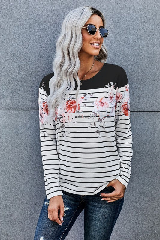 Striped Floral Print Long Sleeve Top