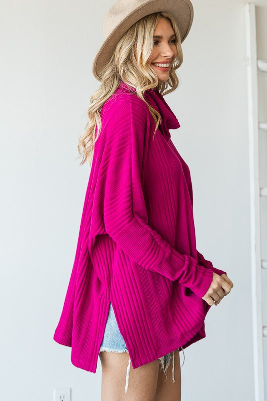 Brushed Ribbed Cowl Neck Long Sleeve Relaxed Top