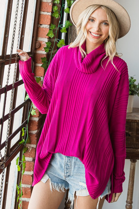 Brushed Ribbed Cowl Neck Long Sleeve Relaxed Top