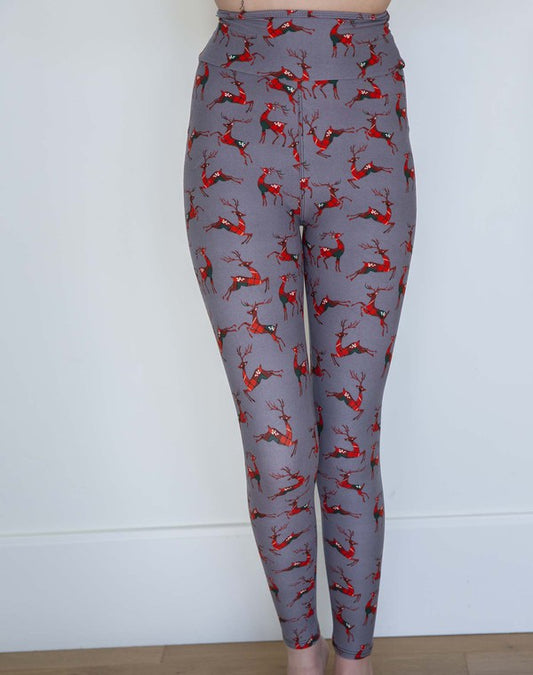 Dashing Through the Snow Plaid Reindeer Leggings (Kids)