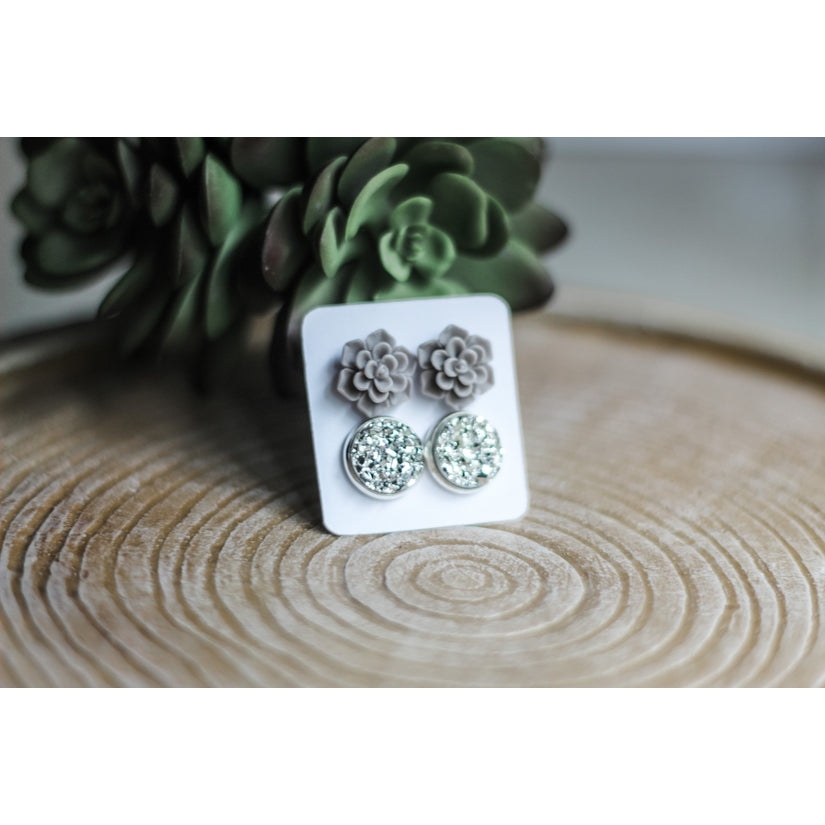 Grey Succulent & Druzy Stud Earring Set