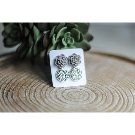 Grey Succulent & Druzy Stud Earring Set