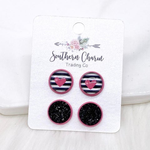 Pink Heart & Black Druzy Combo Studs