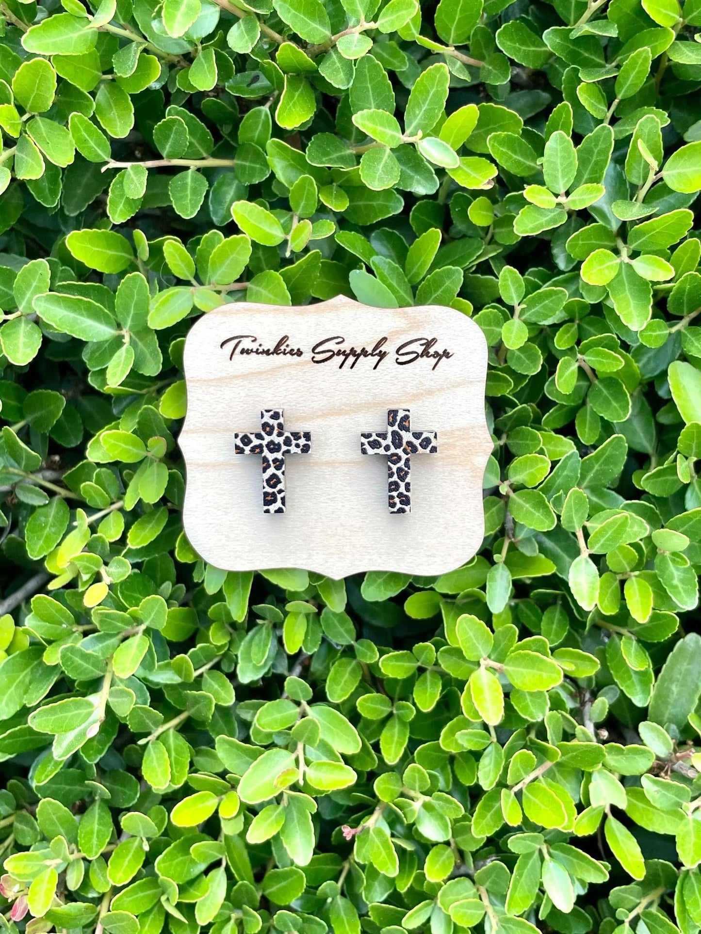 Wooden Leopard Cross Studs