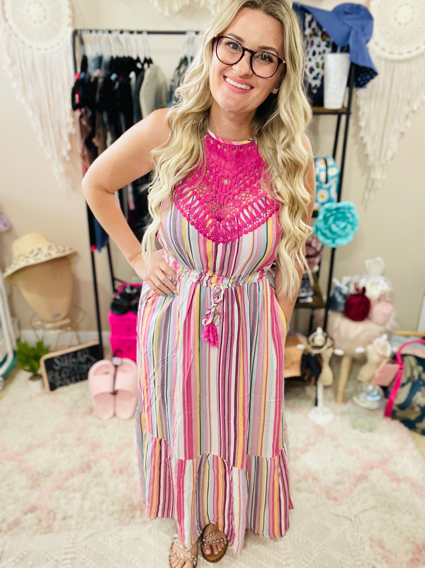 Halter Neck Lace Front Maxi Dress