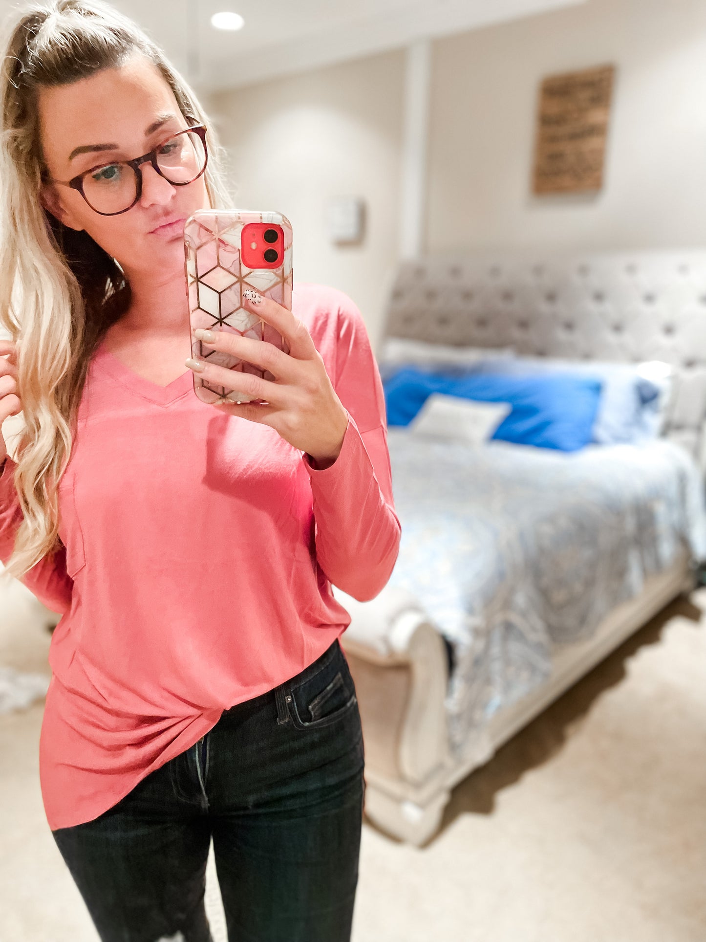Basic Long Sleeve Vneck Solid Tee with Pocket