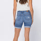 Judy Blue Mid Rise Distressed Bermuda Denim Shorts