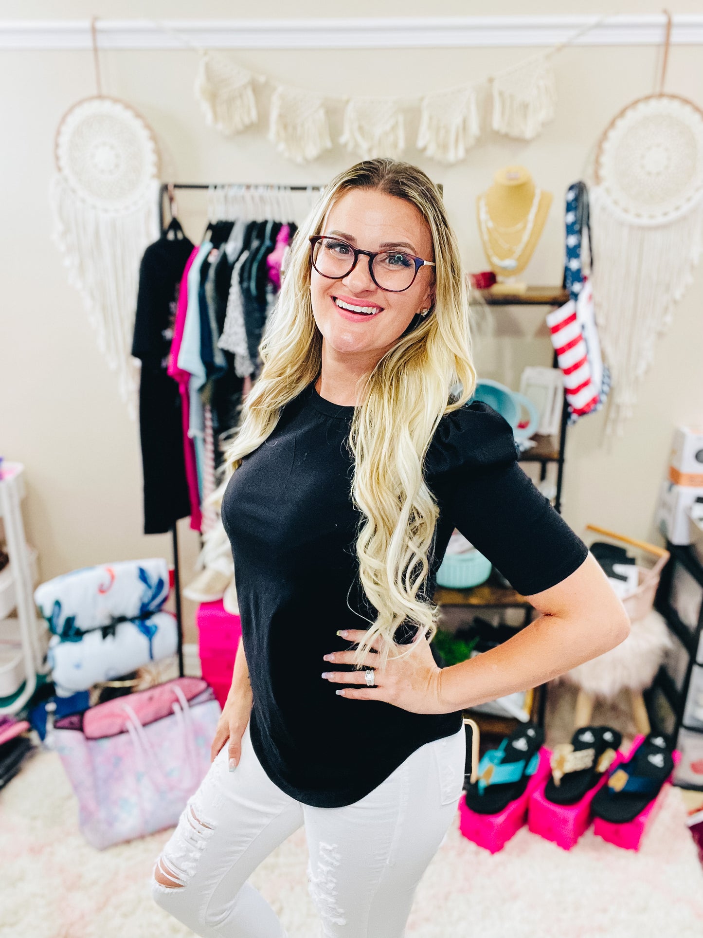 Solid Black Puff Short Sleeve Top