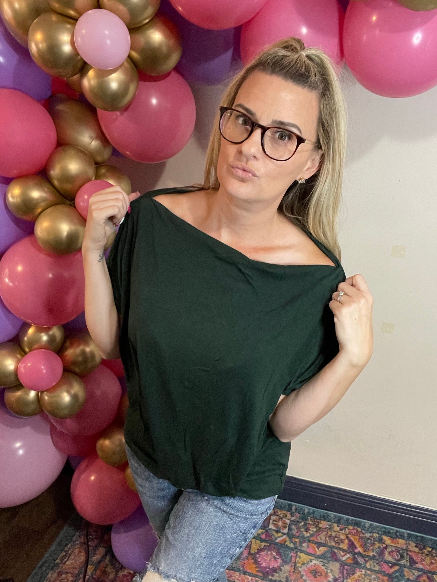 Green Off The Shoulder Boatneck Top