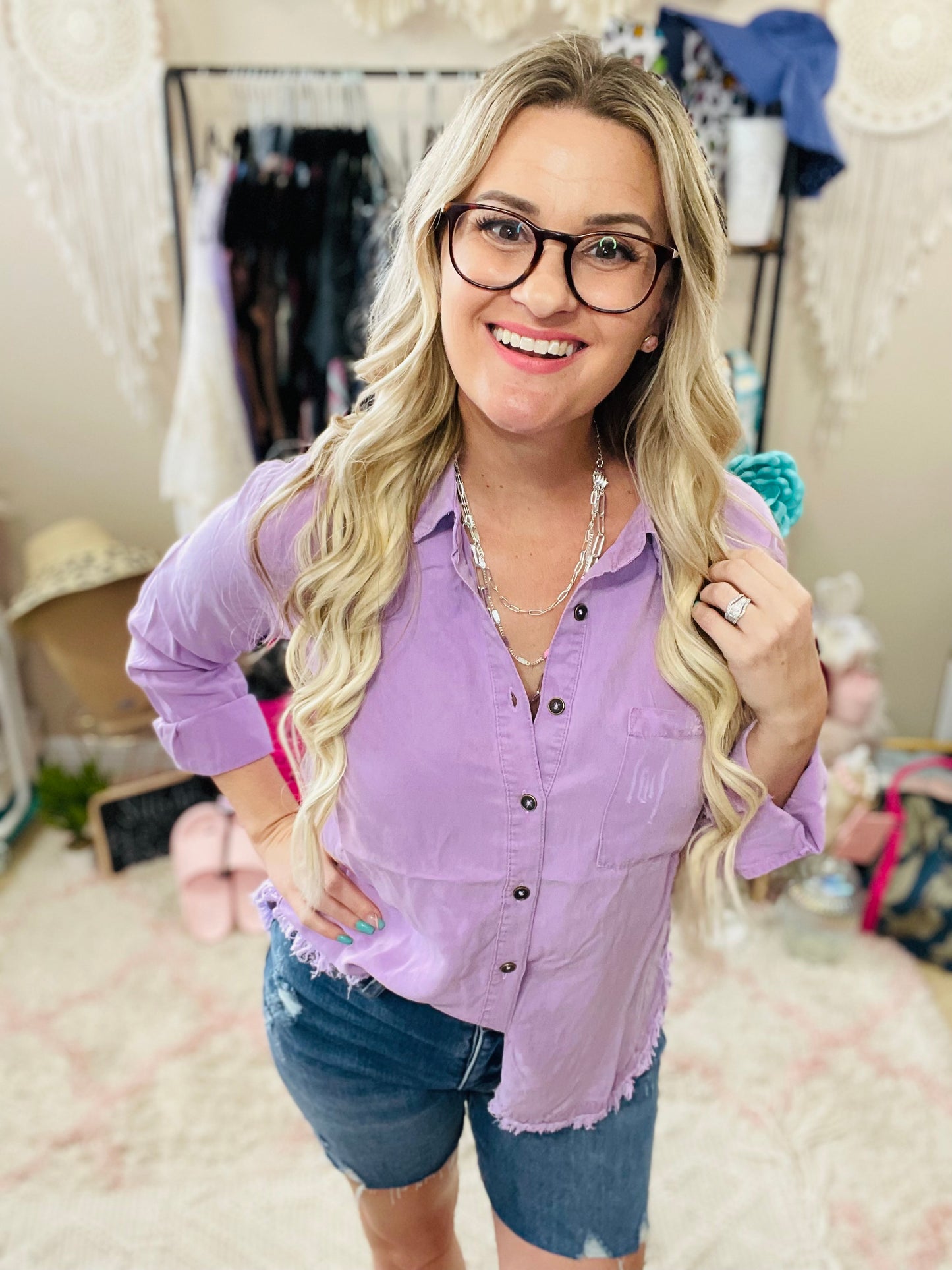 Purple Button Down Distressed Top