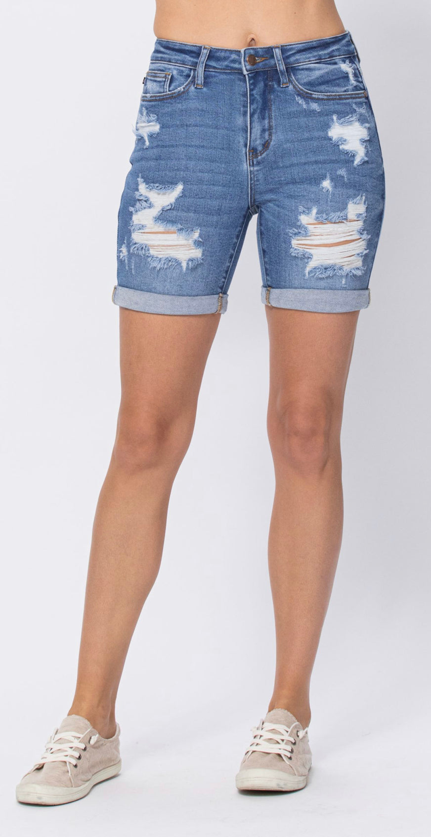 Judy Blue Mid Rise Distressed Bermuda Denim Shorts