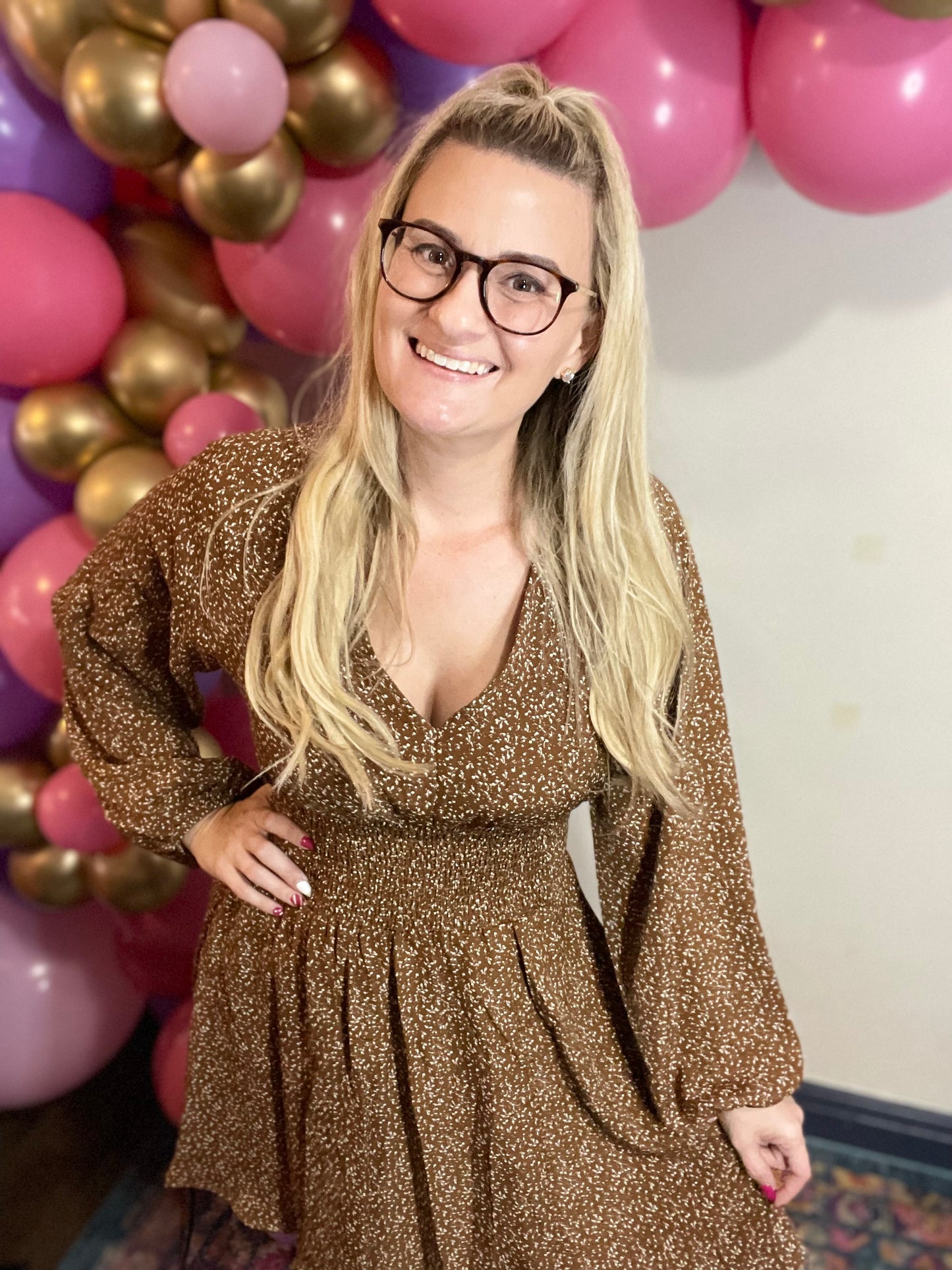 Brown Balloon Sleeve Smocked Waist Dress