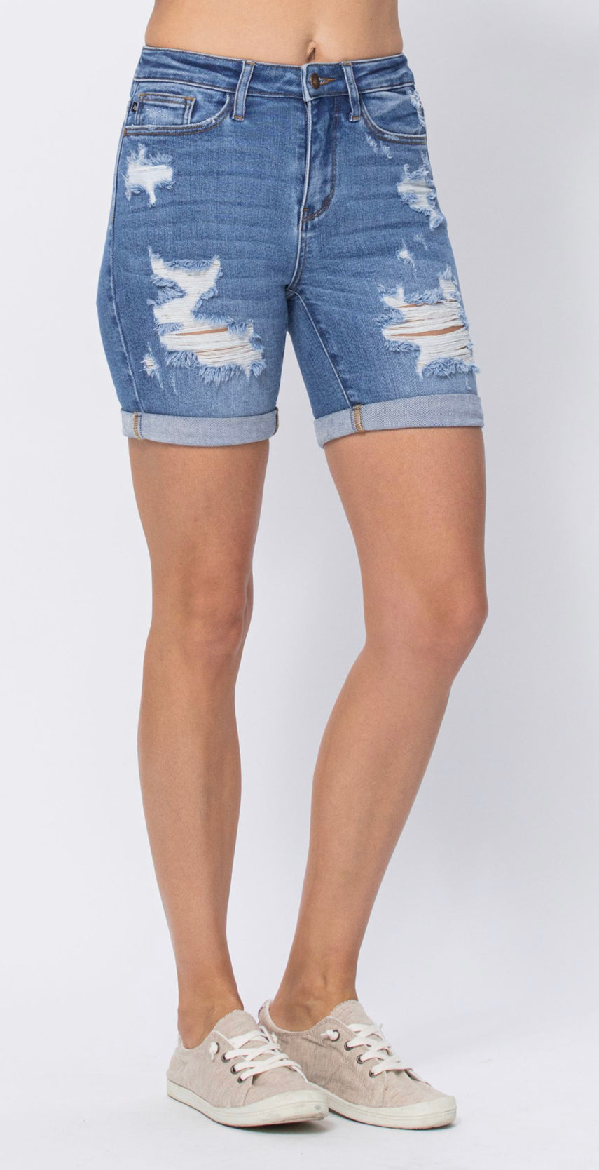 Judy Blue Mid Rise Distressed Bermuda Denim Shorts