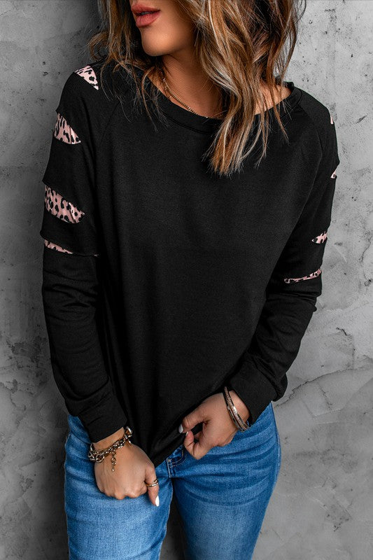Leopard Distressed Sleeve Pullover
