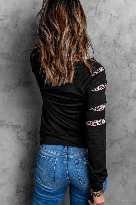 Leopard Distressed Sleeve Pullover