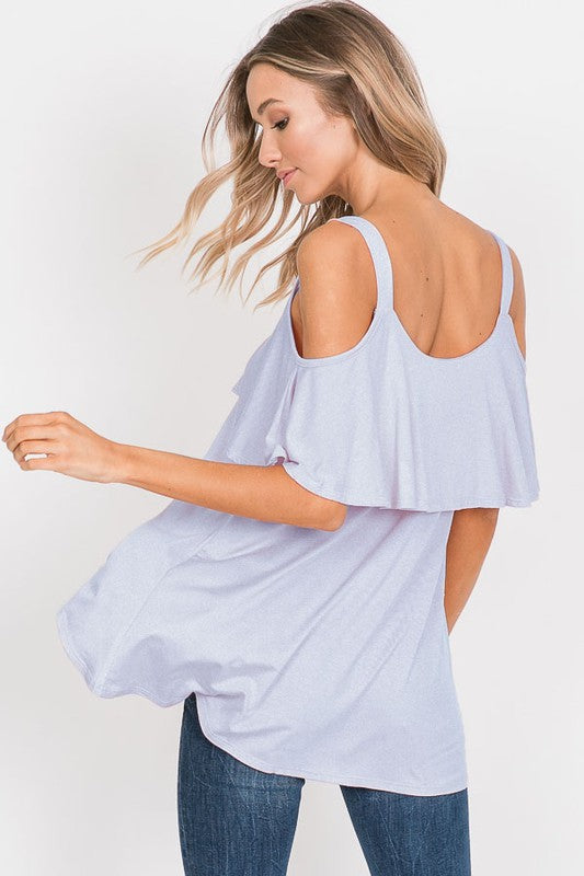 Lilac High Low Ruffle Cold Shoulder Top