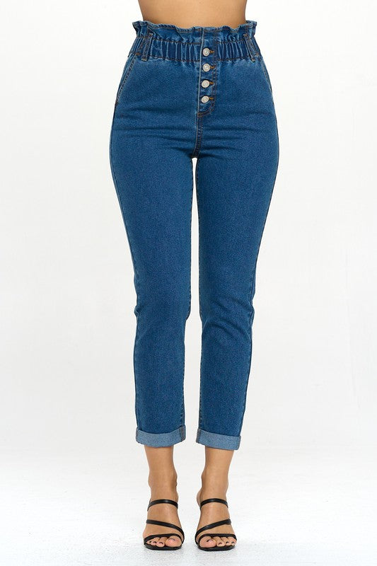 Paperbag Smocked Waist Buttonfly Denim Jeans