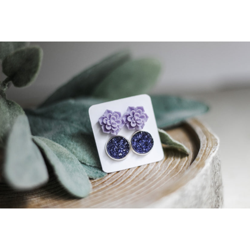 Lavender Succulent & Druzy Earring Set