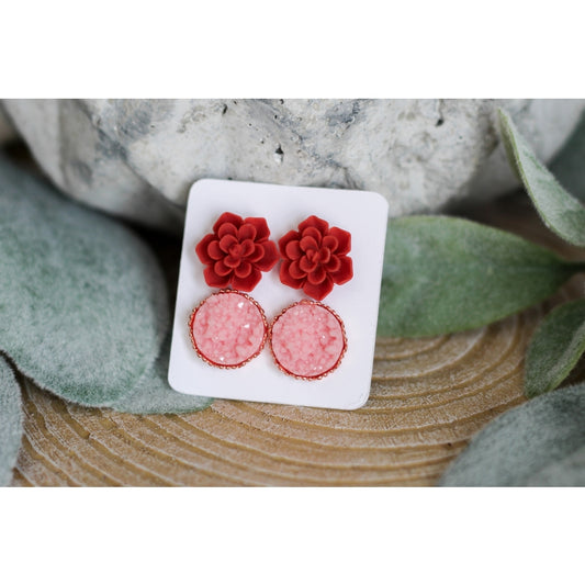 Red Succulent & Druzy Stud Earring Set