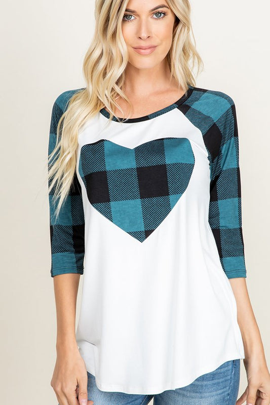 Teal Plaid Heart Raglan Tee