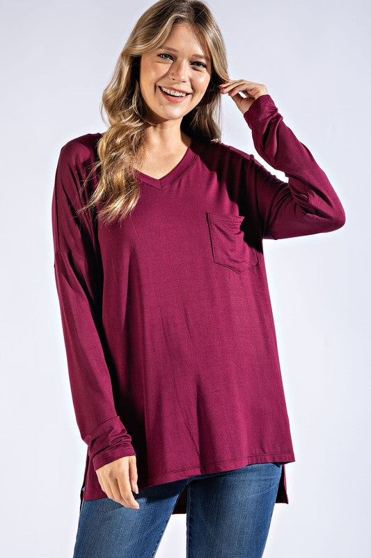 Basic Long Sleeve Vneck Solid Tee with Pocket